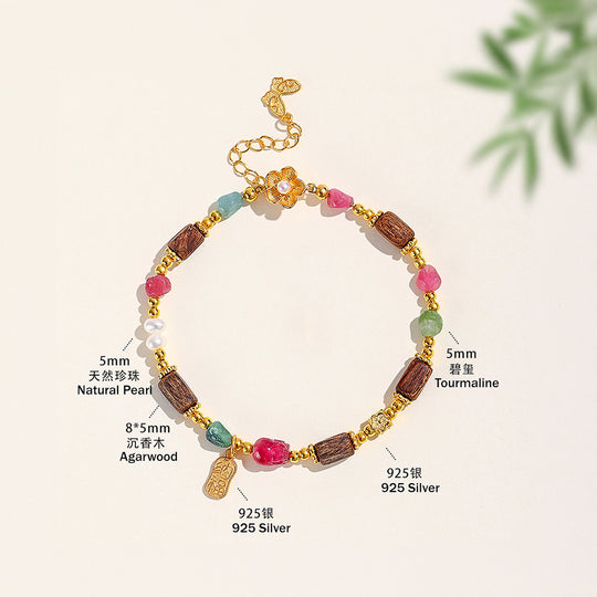Multicolour Tourmaline, Agarwood &amp; Pearl Natural Crystal Bracelet | C256