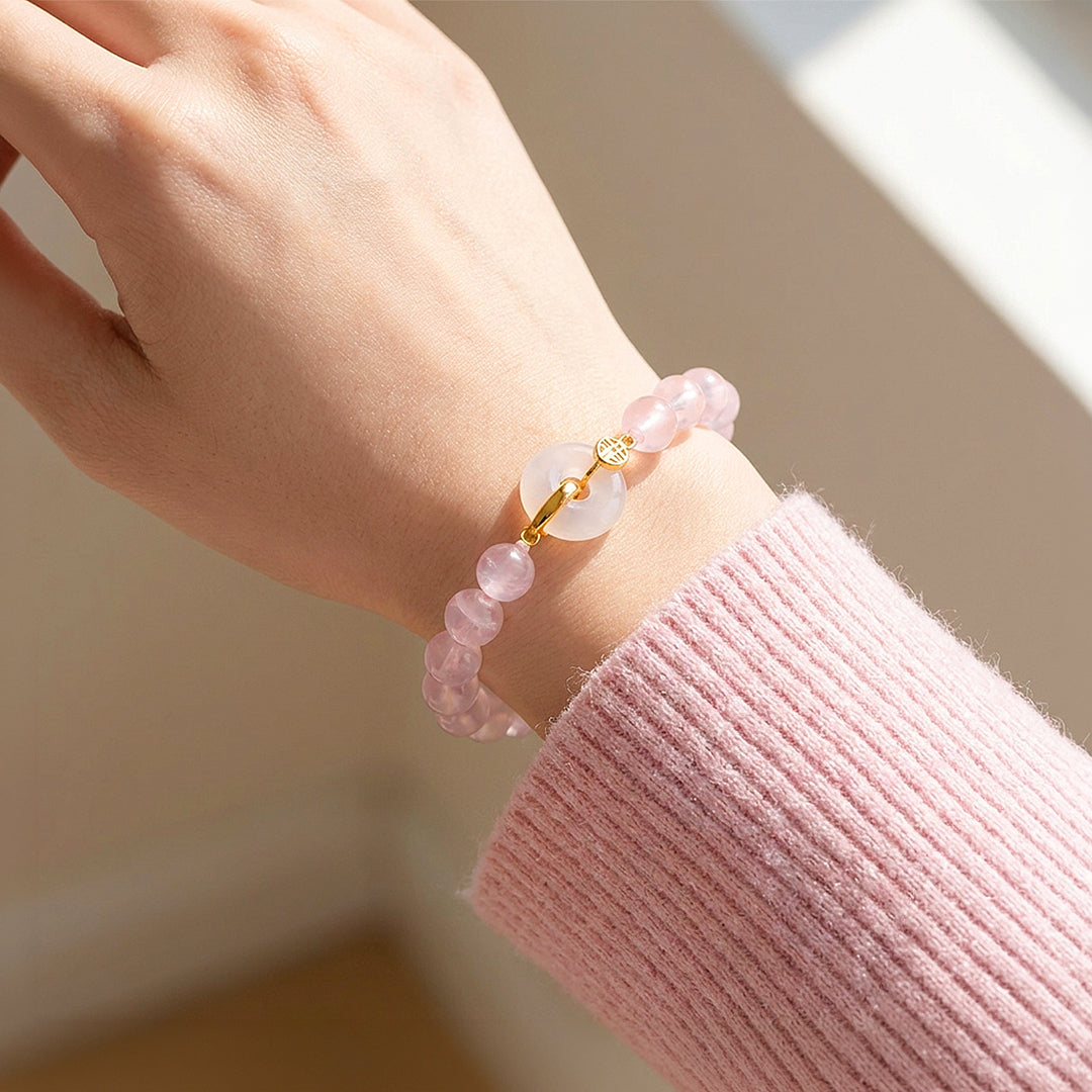 Rose Quartz &amp; White Agate Ping An Kou Bracelet | C267