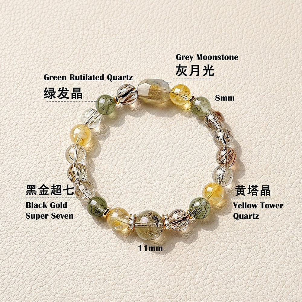 Grey Moonstone, Green Rutilated Quartz, Black Gold Super Seven & Yellow Tower Quartz | SKU: C279