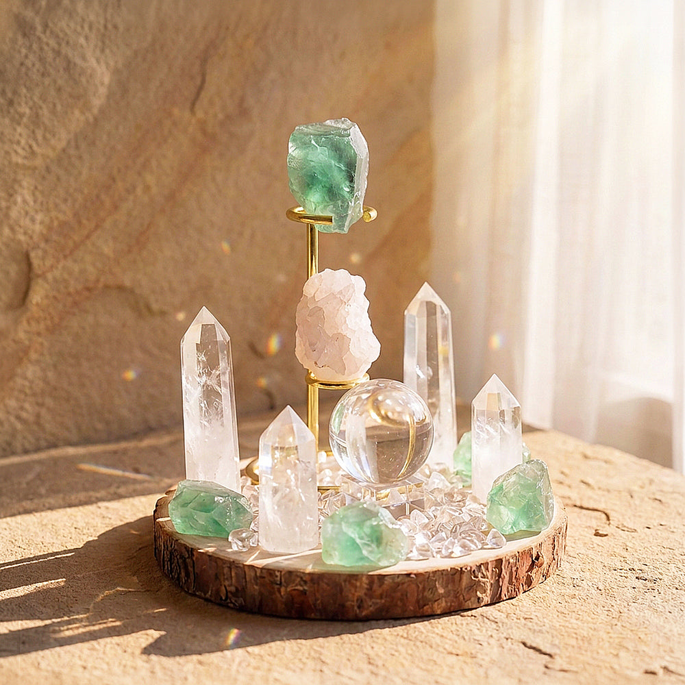Green Fluorite & Clear Quartz Crystal Array | CE8009