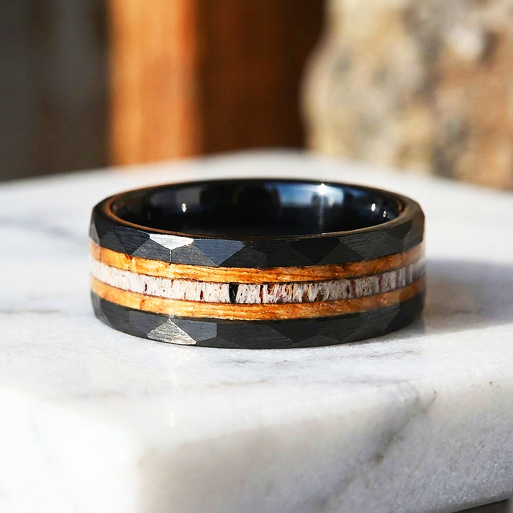 Canyon Grain Hammered Wood Antler Inlay Black Tungsten Carbide Ring - Ring | Singapore Jewellery, Wedding Rings & Gifts | Same Day Delivery | Tiara.com.sg