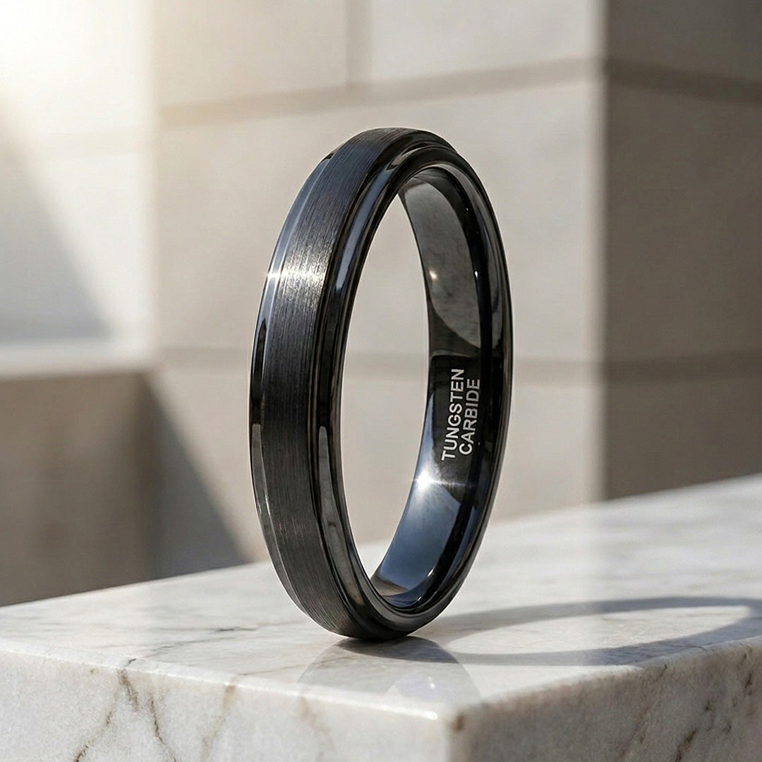Carbonight | Black Brushed Stepped Edge Tungsten Carbide | Men&