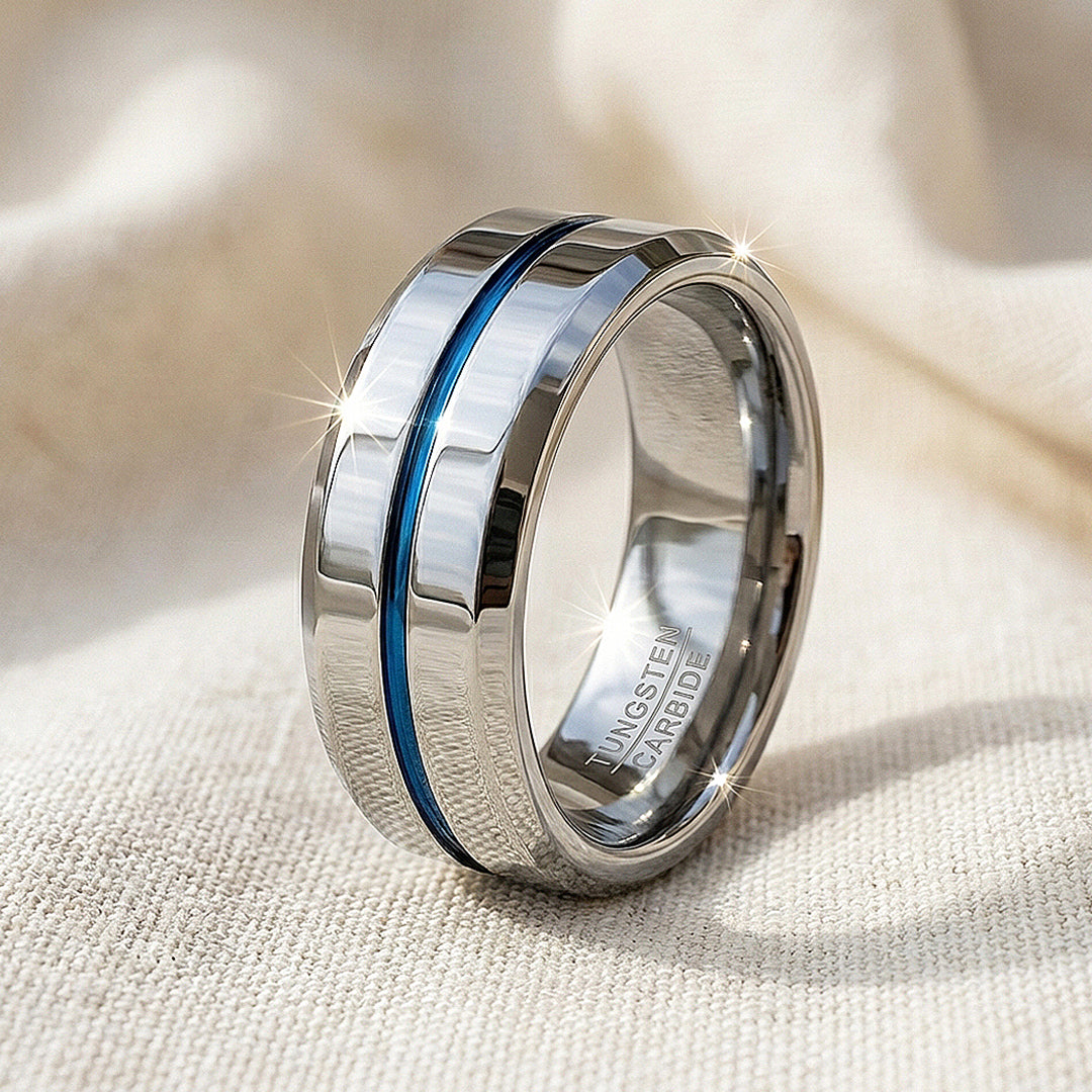 Chasin Polished Blue Groove Tungsten Carbide Ring - Ring | Singapore Jewellery, Wedding Rings & Gifts | Same Day Delivery | Tiara.com.sg