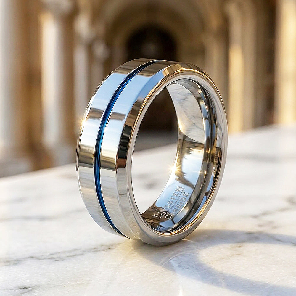 Chasin Polished Blue Groove Tungsten Carbide Ring - Ring | Singapore Jewellery, Wedding Rings & Gifts | Same Day Delivery | Tiara.com.sg
