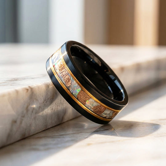 Chasm Brushed Opal Copper Foil Inlay Black Tungsten Carbide Ring