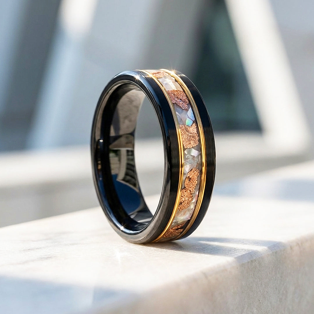 Chasm Brushed Opal Copper Foil Inlay Black Tungsten Carbide Ring
