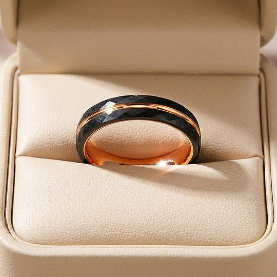 Chimes | Hammered Black and Rose Gold Grooved Faceted Tungsten Carbide