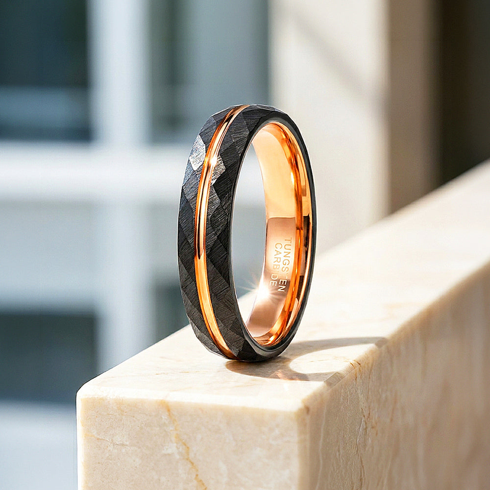 Chimes | Hammered Black and Rose Gold Grooved Faceted Tungsten Carbide