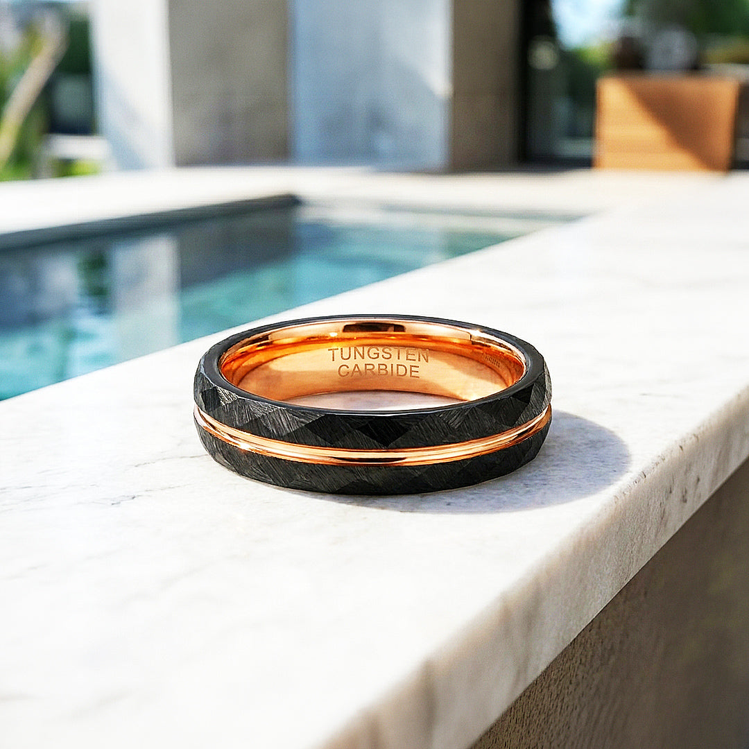 Chimes | Hammered Black and Rose Gold Grooved Faceted Tungsten Carbide