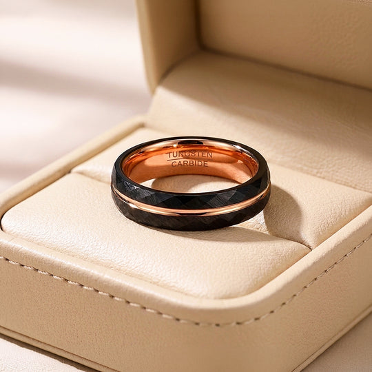 Chimes | Hammered Black and Rose Gold Grooved Faceted Tungsten Carbide