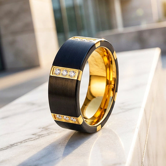 Conrad Brushed Gold Interior Stone Set Black Tungsten Carbide Ring
