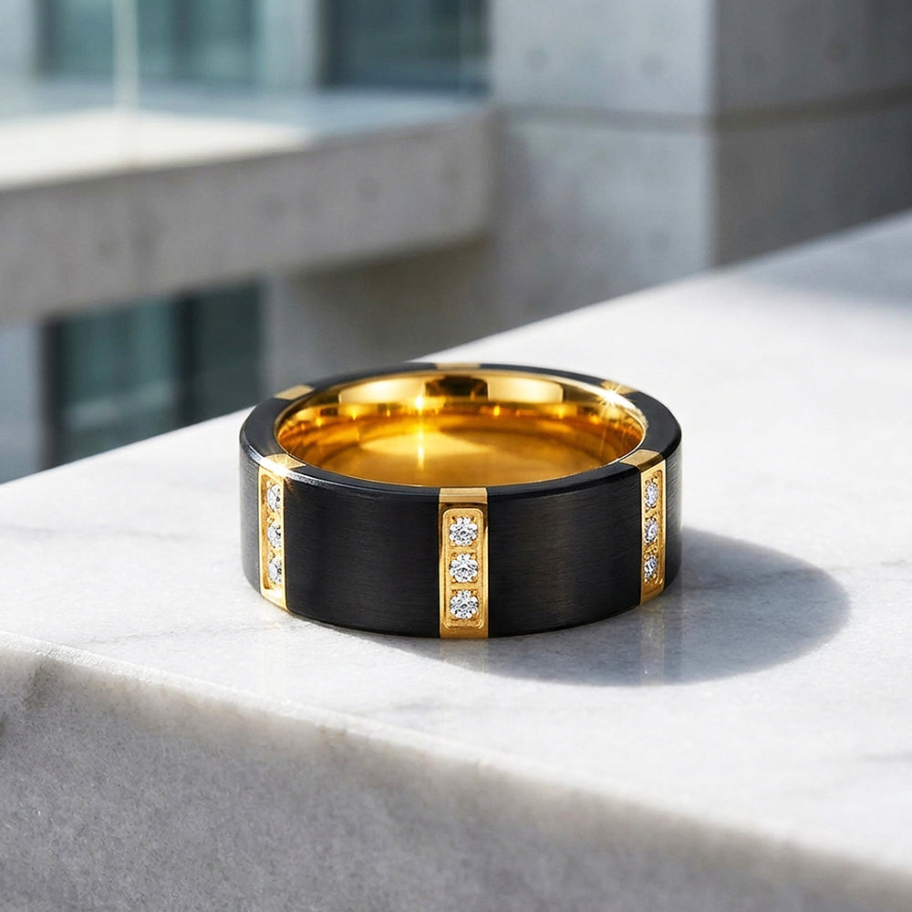 Conrad Brushed Gold Interior Stone Set Black Tungsten Carbide Ring