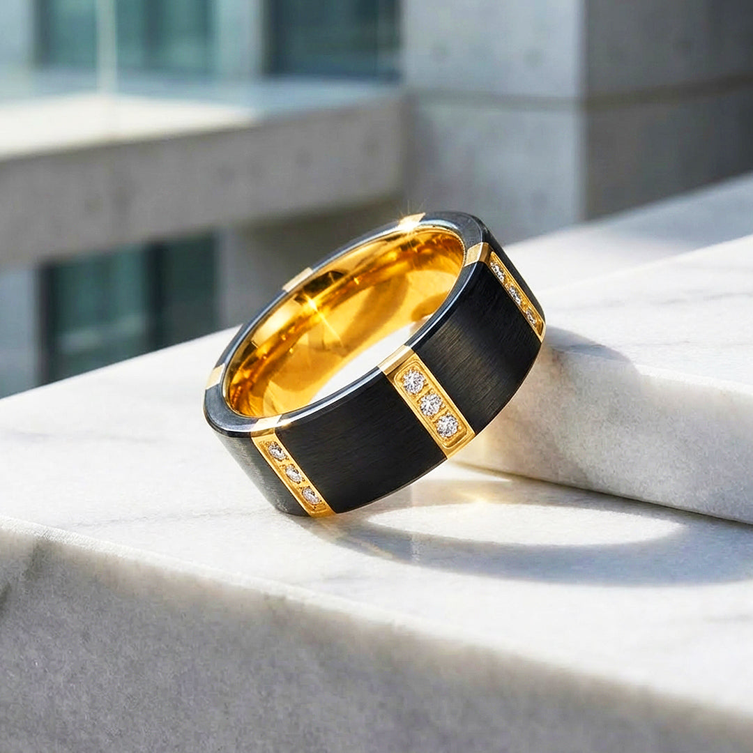 Conrad Brushed Gold Interior Stone Set Black Tungsten Carbide Ring