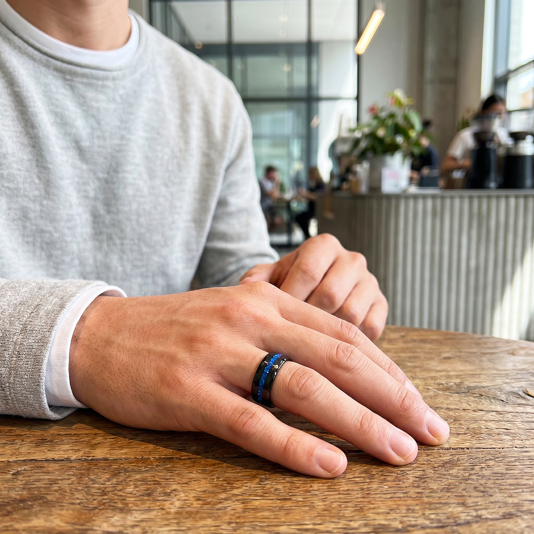 Crest | IP Black Hammered Blue Opal Inlay Tungsten Carbide Men&