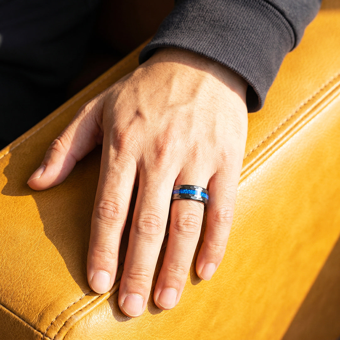 Crest | IP Black Hammered Blue Opal Inlay Tungsten Carbide Men&
