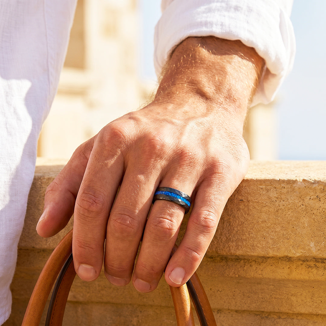 Crest | IP Black Hammered Blue Opal Inlay Tungsten Carbide Men&