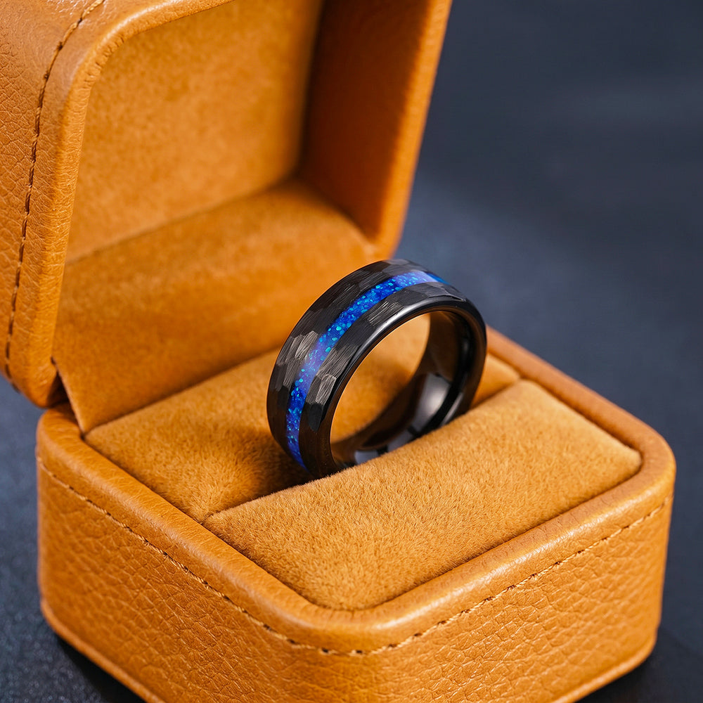 Crest | IP Black Hammered Blue Opal Inlay Tungsten Carbide Men's Ring