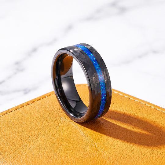 Crest | IP Black Hammered Blue Opal Inlay Tungsten Carbide Men&