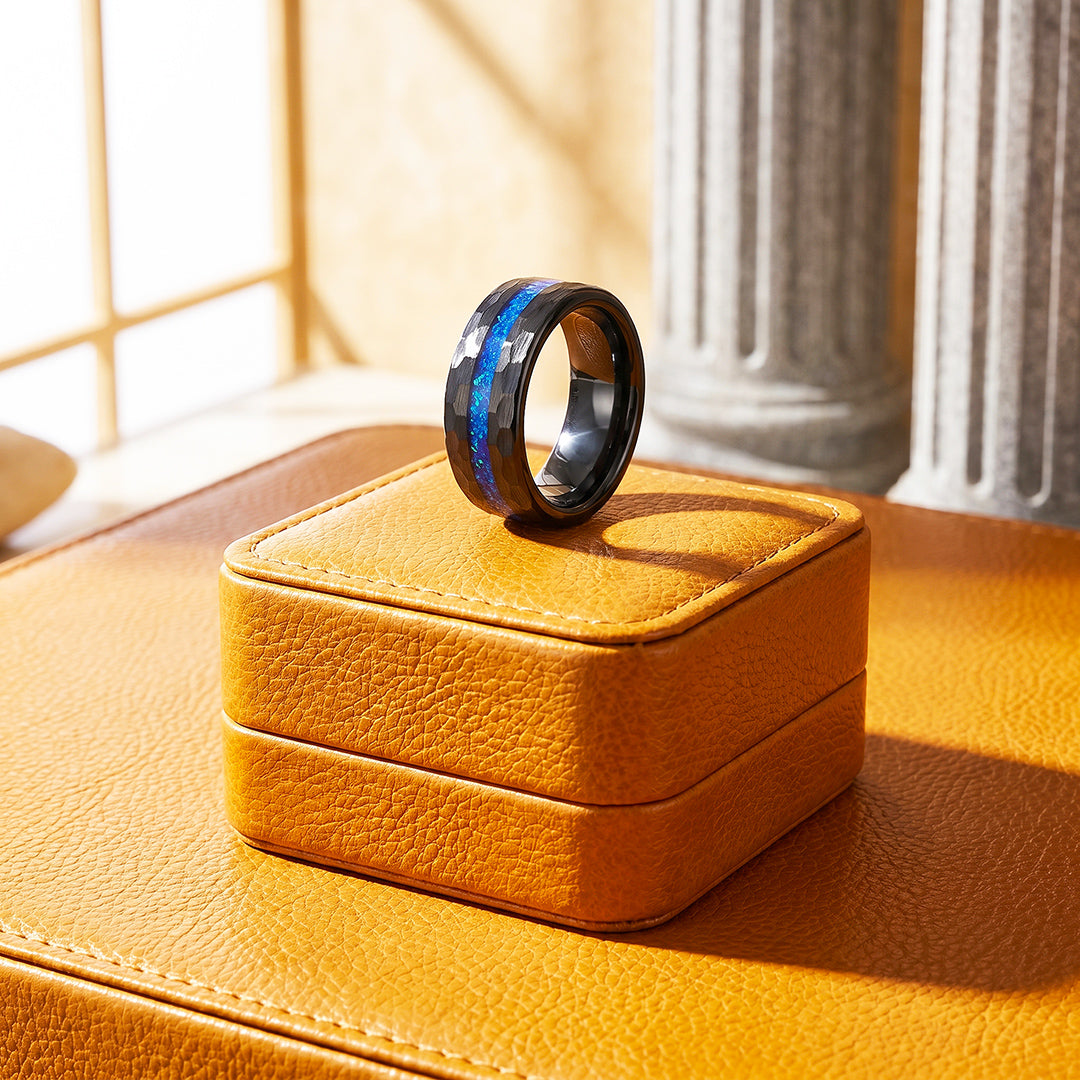 Crest | IP Black Hammered Blue Opal Inlay Tungsten Carbide Men&