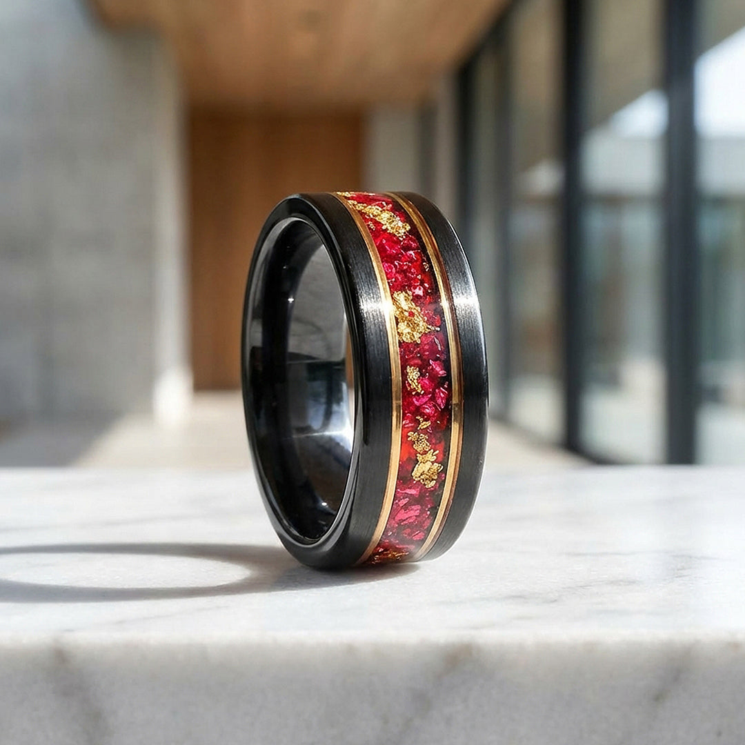 Crimson Forge Brushed Red Stone Gold Foil Inlay Black Tungsten Carbide Ring