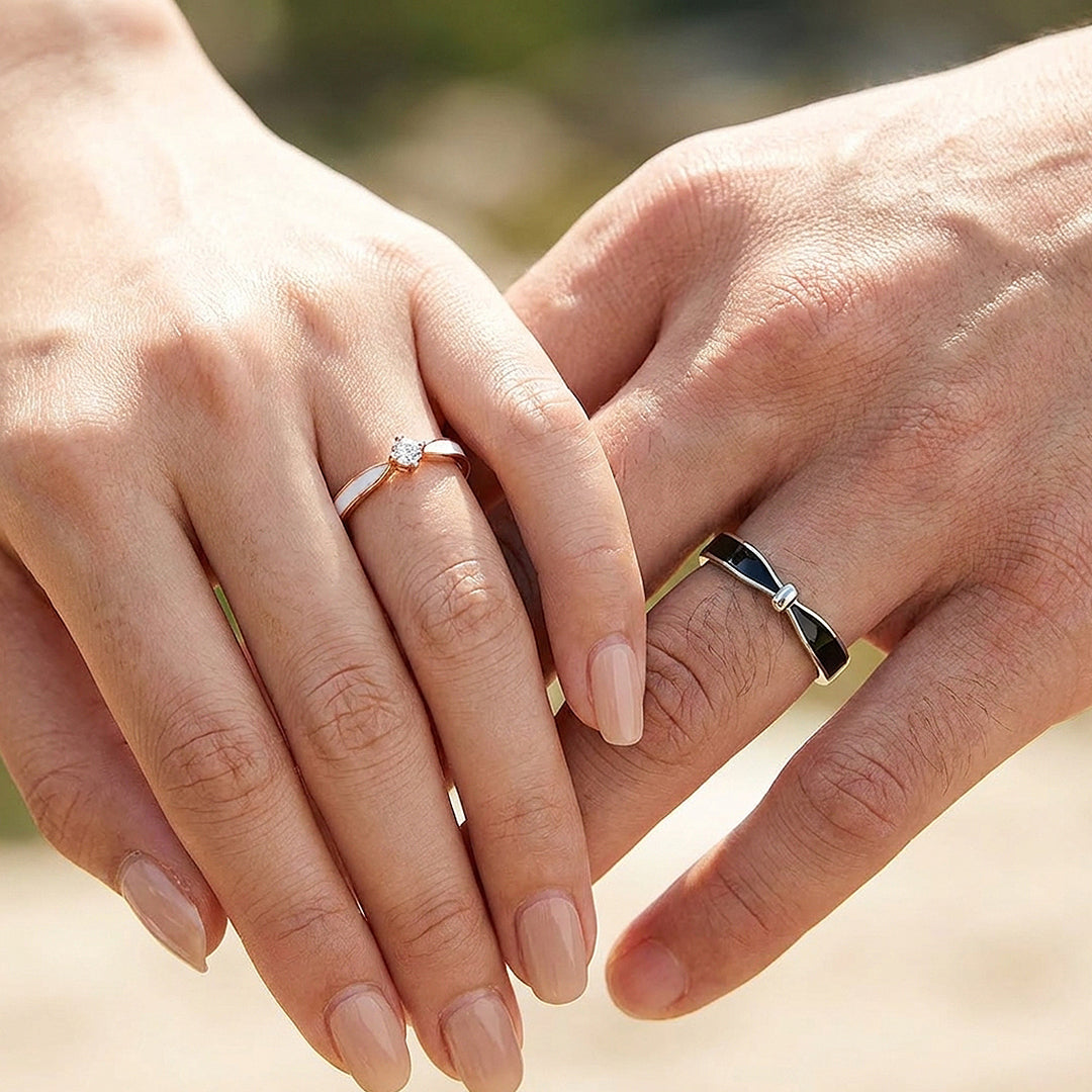 Black &amp; White Enamel Inlay Couple Rings | Destiny