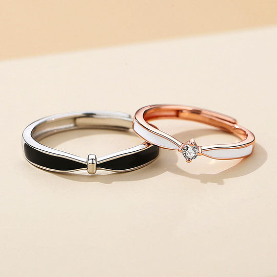 Black &amp; White Enamel Inlay Couple Rings | Destiny