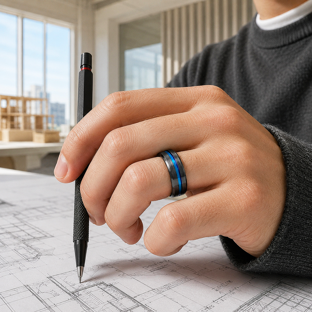 Earric | Brushed Black Blue Channel Tungsten Carbide Men's Ring