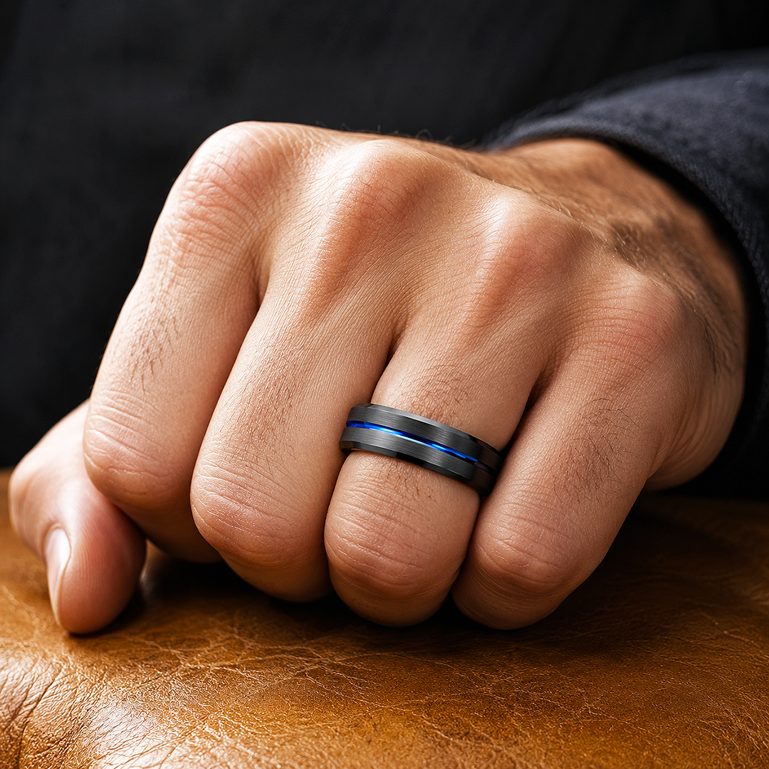 Earric | Brushed Black Blue Channel Tungsten Carbide Men&