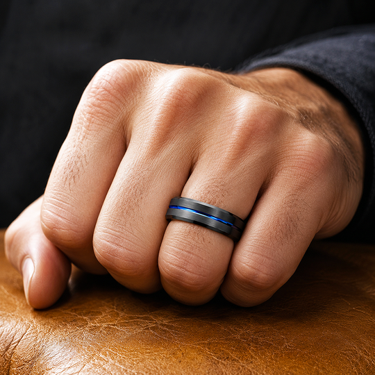 Earric | Brushed Black Blue Channel Tungsten Carbide Men&