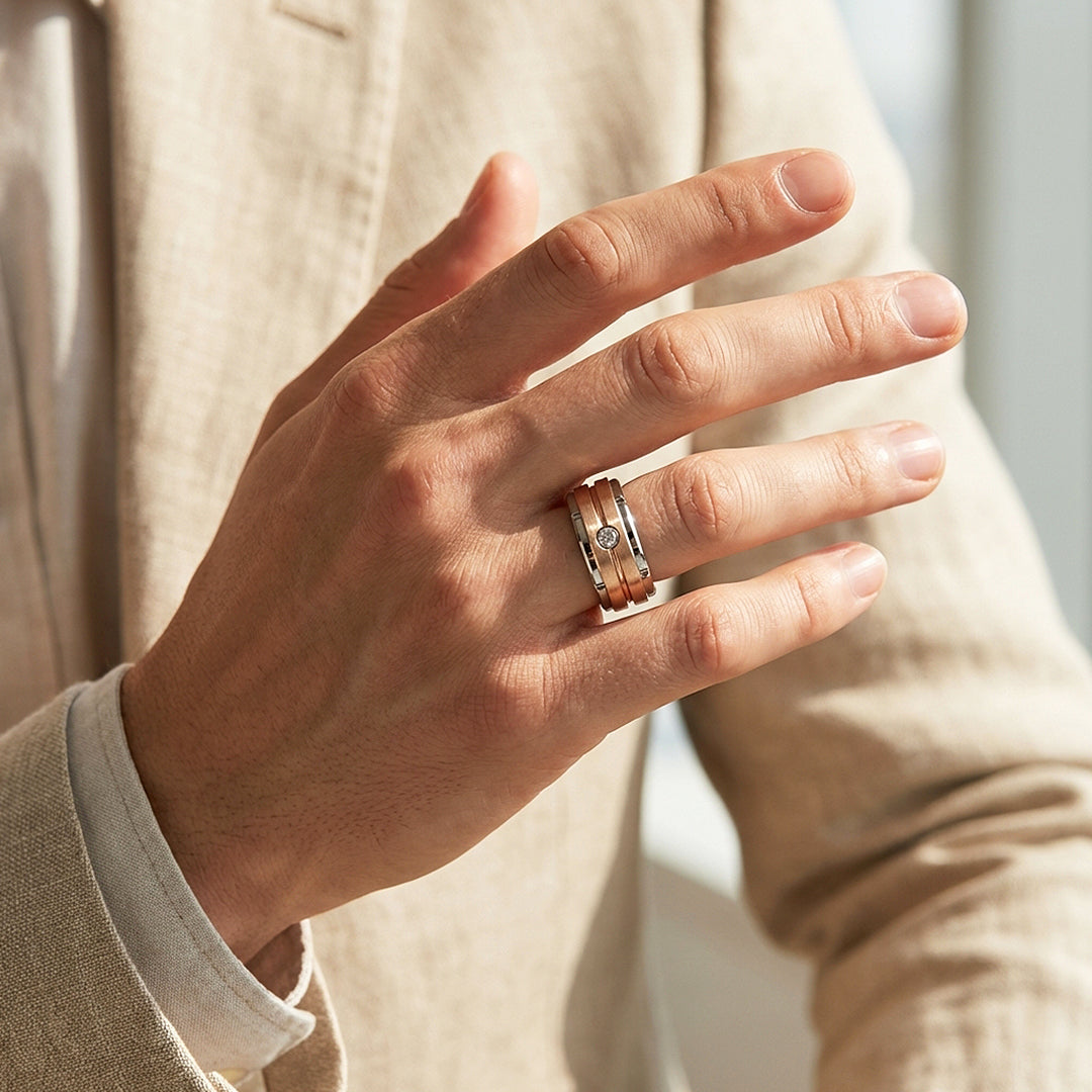 Ekon Brushed Rose Gold Solitaire Two-Tone Tungsten Carbide Ring