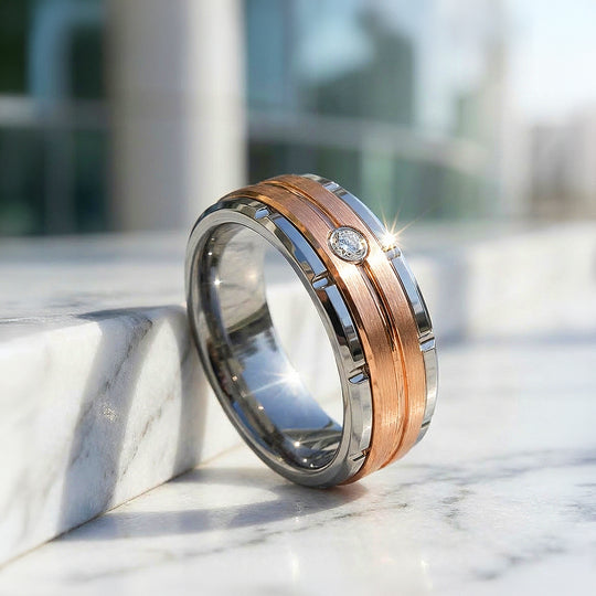 Ekon Brushed Rose Gold Solitaire Two-Tone Tungsten Carbide Ring