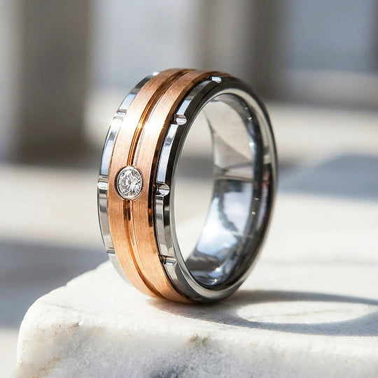 Ekon Brushed Rose Gold Solitaire Two-Tone Tungsten Carbide Ring