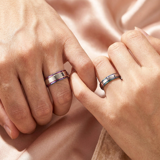 Fantasy | High-Polished Rainbow Grooved Flat Wedding Band