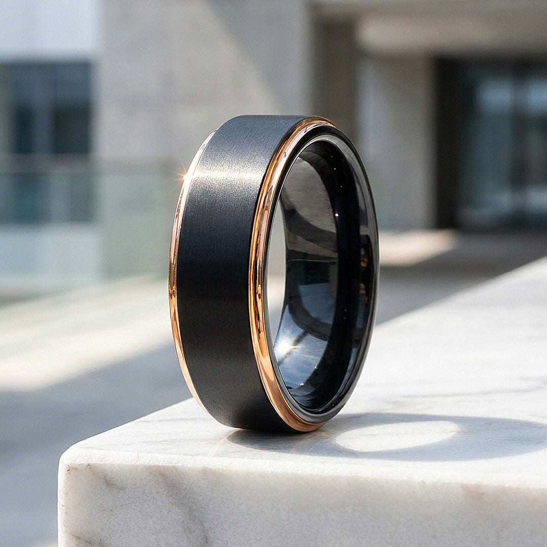 Fedor | Brushed Black and Rose Gold Tungsten Carbide | Men&