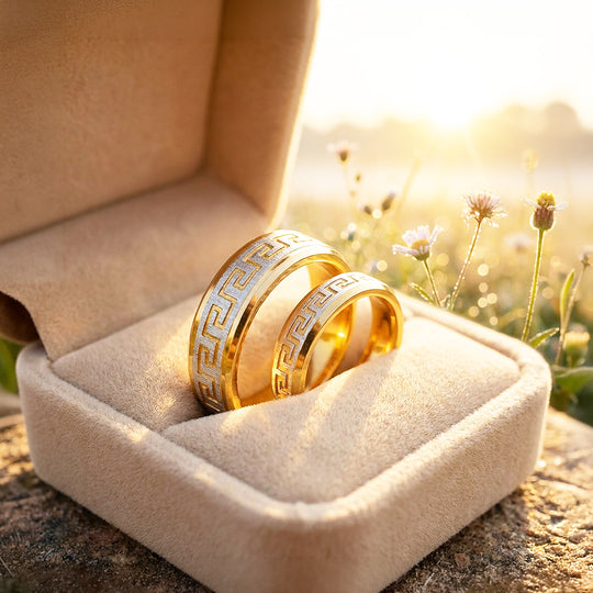 Flawlessly You | Engraved Greek Key Bevelled Flat Wedding Band