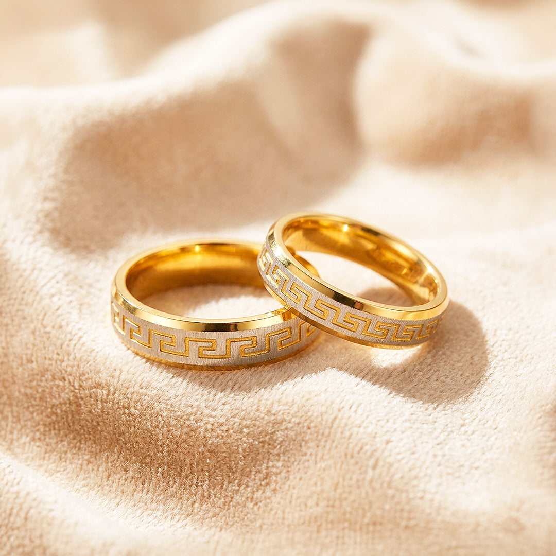 Flawlessly You | Engraved Greek Key Bevelled Flat Wedding Band