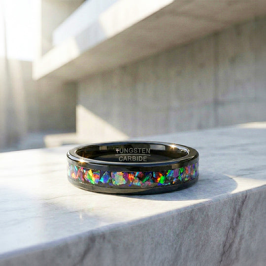 Fossil | Black High Polish Fire Opal Simulant Inlay Tungsten Carbide | Men&