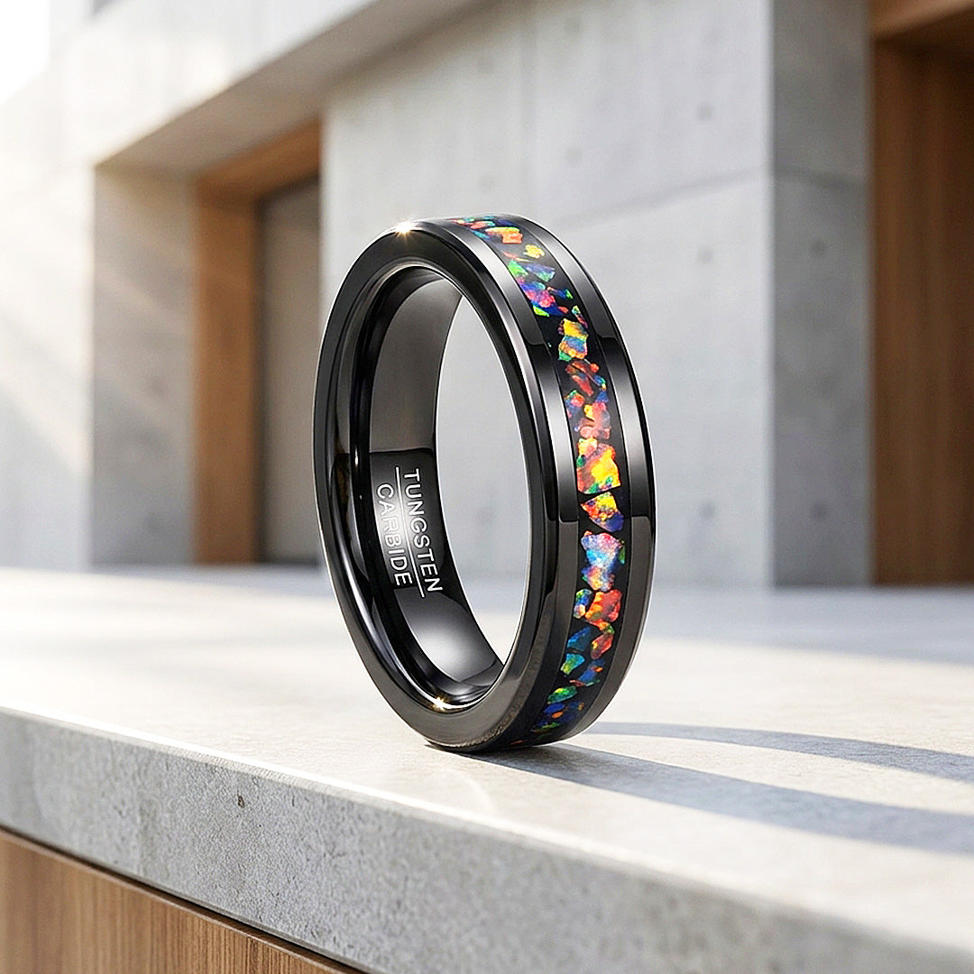 Fossil | Black High Polish Fire Opal Simulant Inlay Tungsten Carbide | Men&