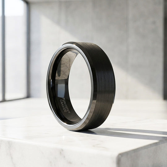 Fyodor | Black Matte Brushed Bevelled Edge Tungsten Carbide | Men&