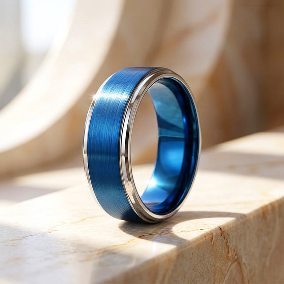 Grant | Brushed Blue and Silver Stepped Edge Tungsten Carbide | Men's Ring