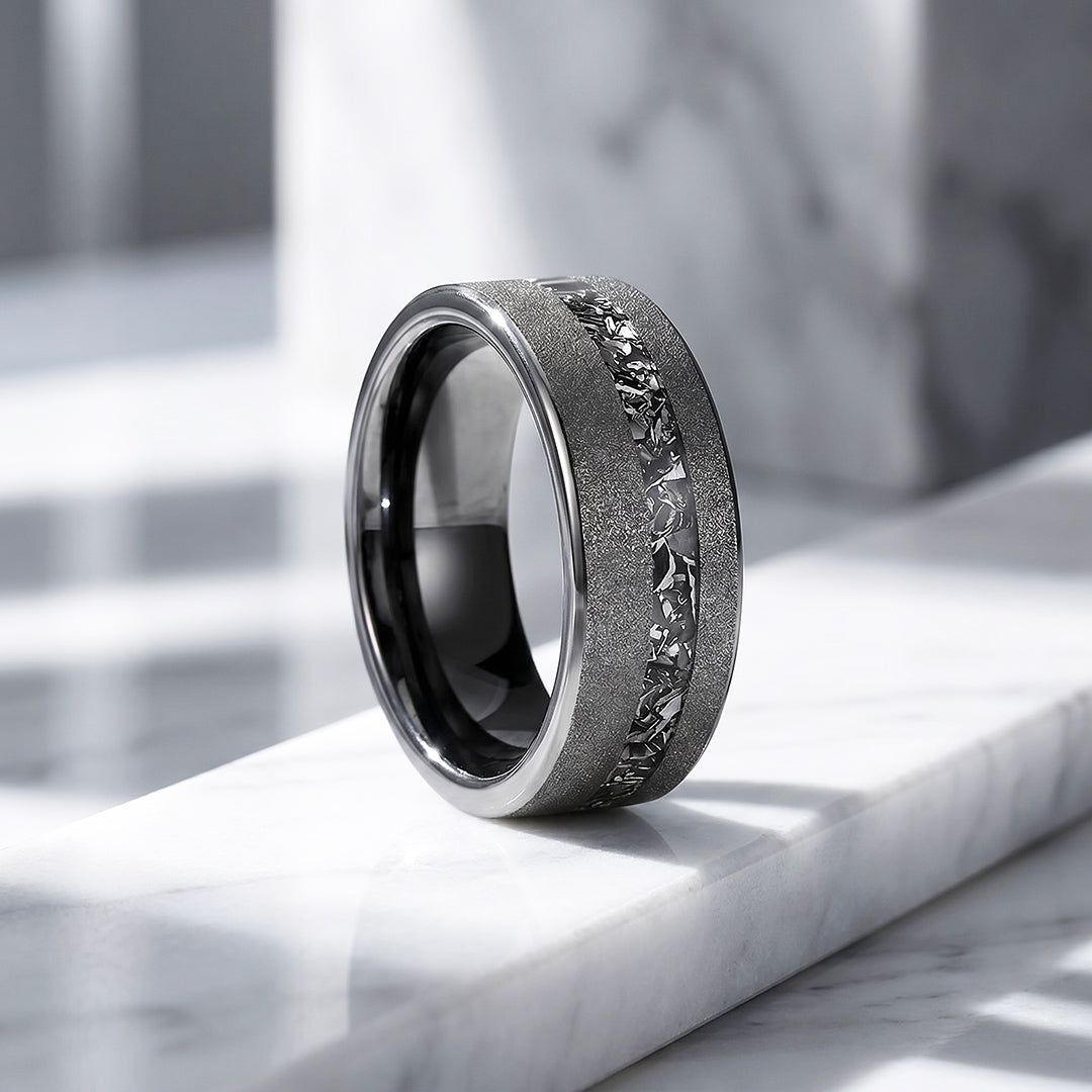 Gravel | Sandblasted Meteorite Fragment Inlay Tungsten Carbide Men&