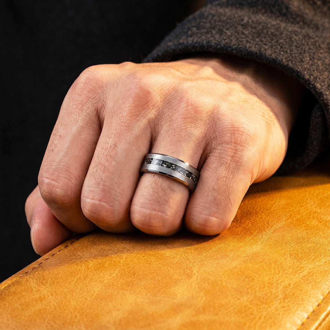 Gravel | Sandblasted Meteorite Fragment Inlay Tungsten Carbide Men&