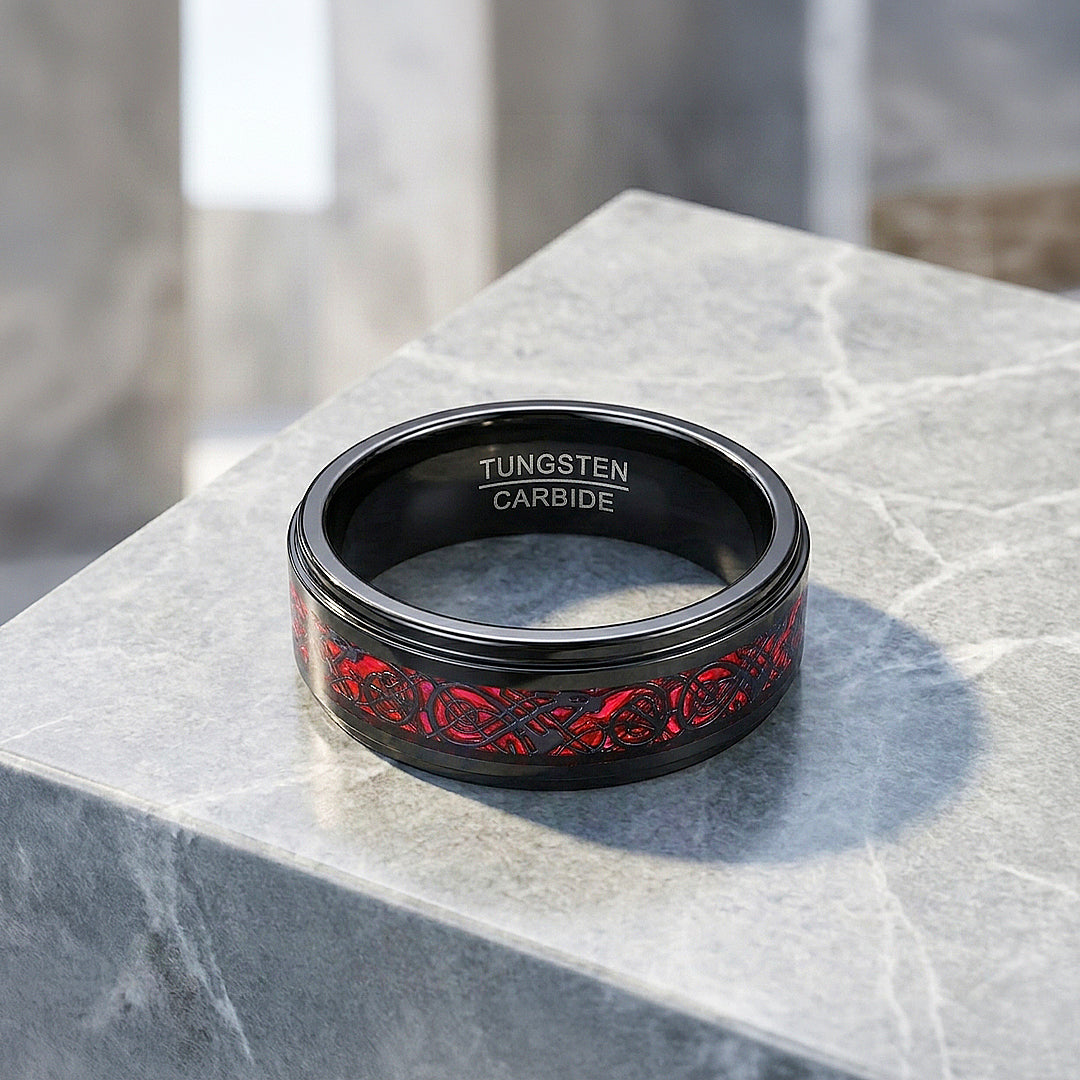 Haku | Celtic Red Carbon Fibre Inlay Black Tungsten Carbide | Men&