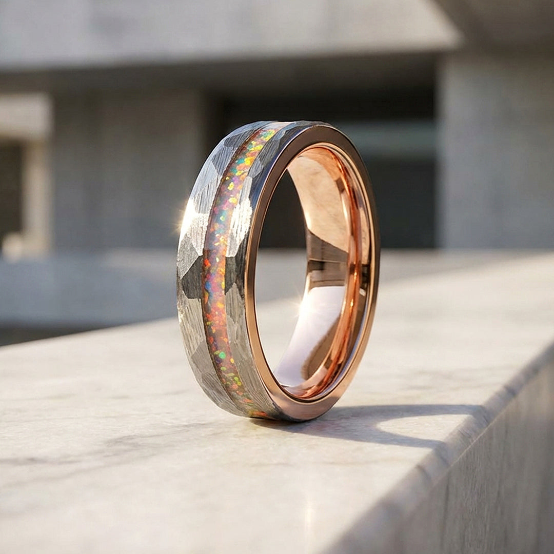 Halo Hammered Fire Opal Inlay Rose Gold Tungsten Carbide Ring