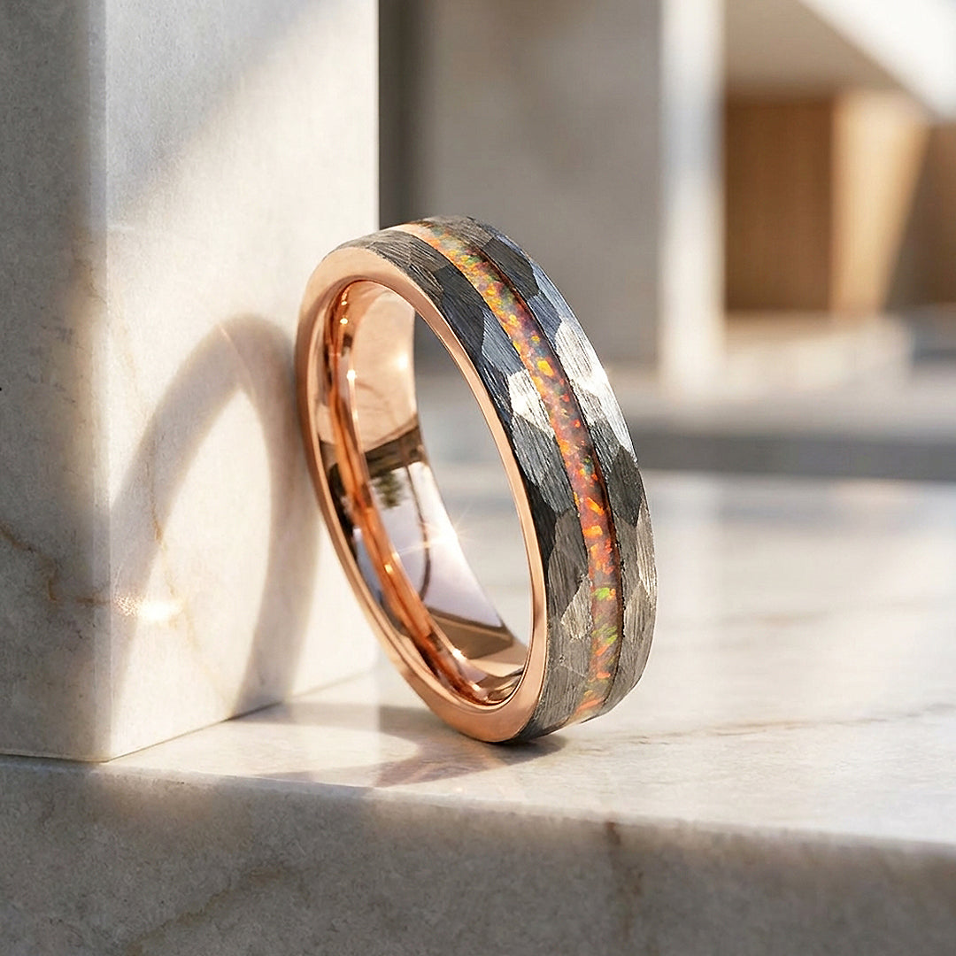 Halo Hammered Fire Opal Inlay Rose Gold Tungsten Carbide Ring
