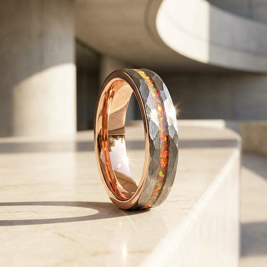 Halo Hammered Fire Opal Inlay Rose Gold Tungsten Carbide Ring
