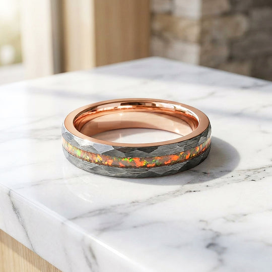 Halo Hammered Fire Opal Inlay Rose Gold Tungsten Carbide Ring