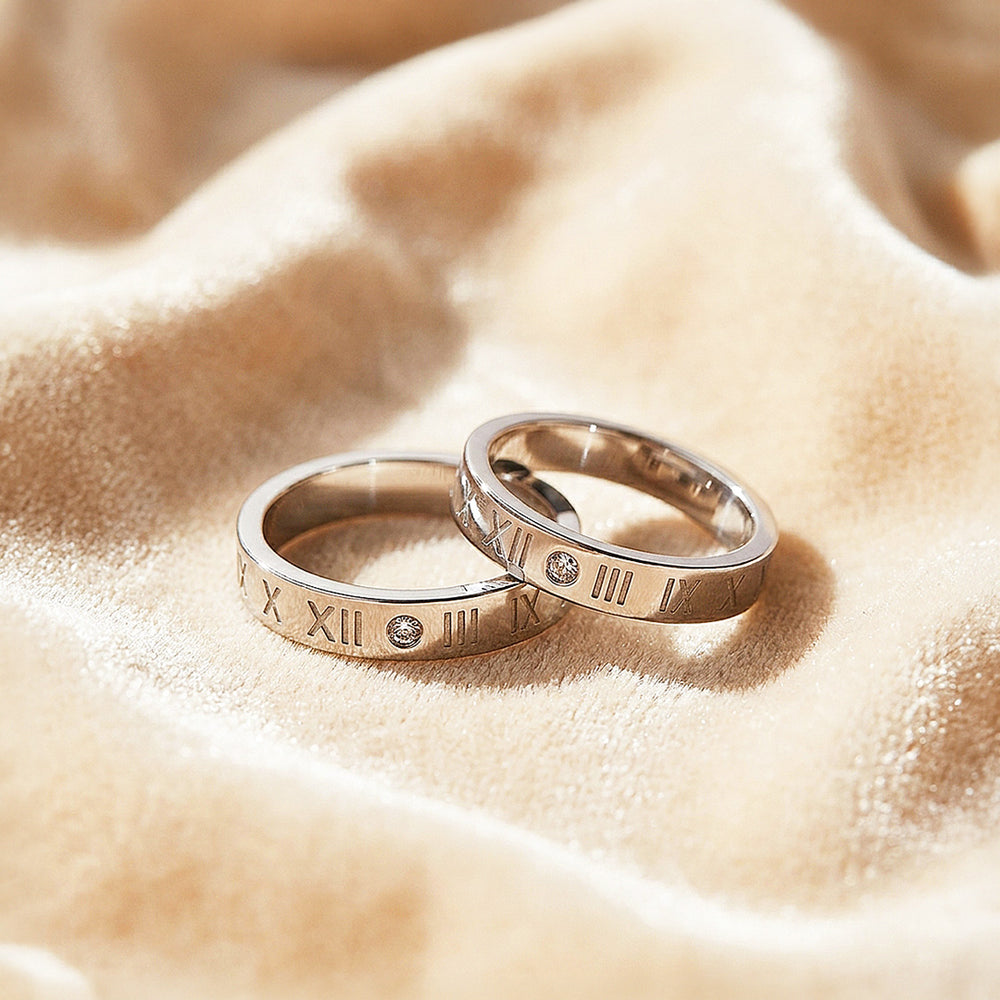 Heartstrings | High-Polished Roman Numeral Engraved Flat Wedding Band