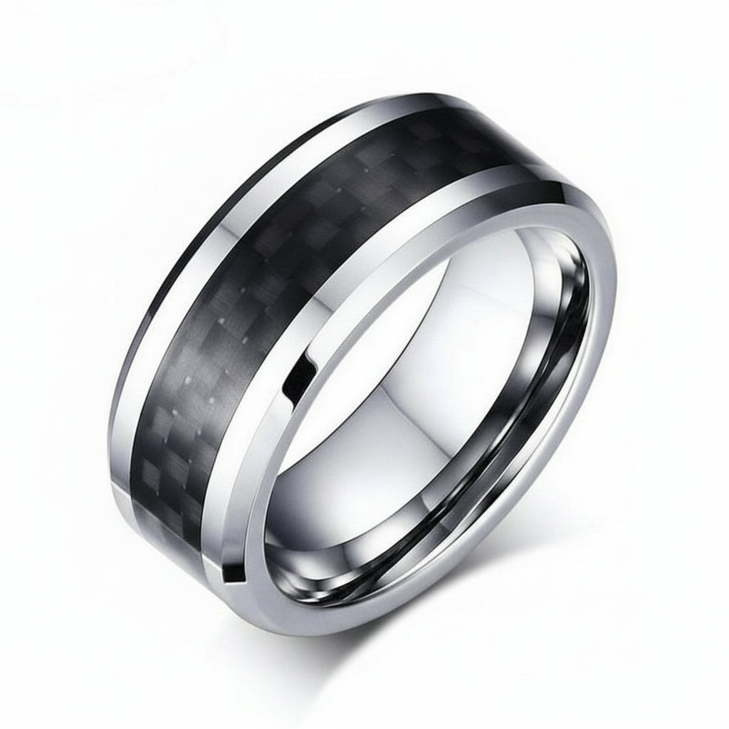 A silver tungsten carbide ring with black carbon fiber inlay, displaying a polished finish with a width of 8mm.