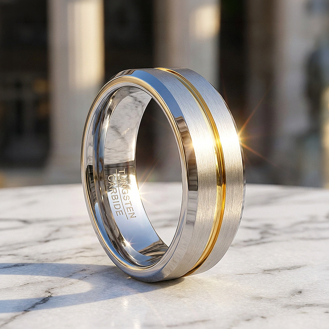 Humbert Brushed Gold Groove Tungsten Carbide Ring - Ring | Singapore Jewellery, Wedding Rings &amp; Gifts | Same Day Delivery | Tiara.com.sg
